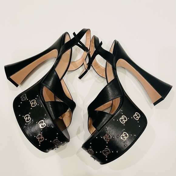 Gucci Black Leather Janaya Gg-studded open toe Platform Sandals EU 41 - Picture 7 of 15